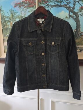 Coldwater Creek Dark Indigo Denim Jacket with Plaid Trim